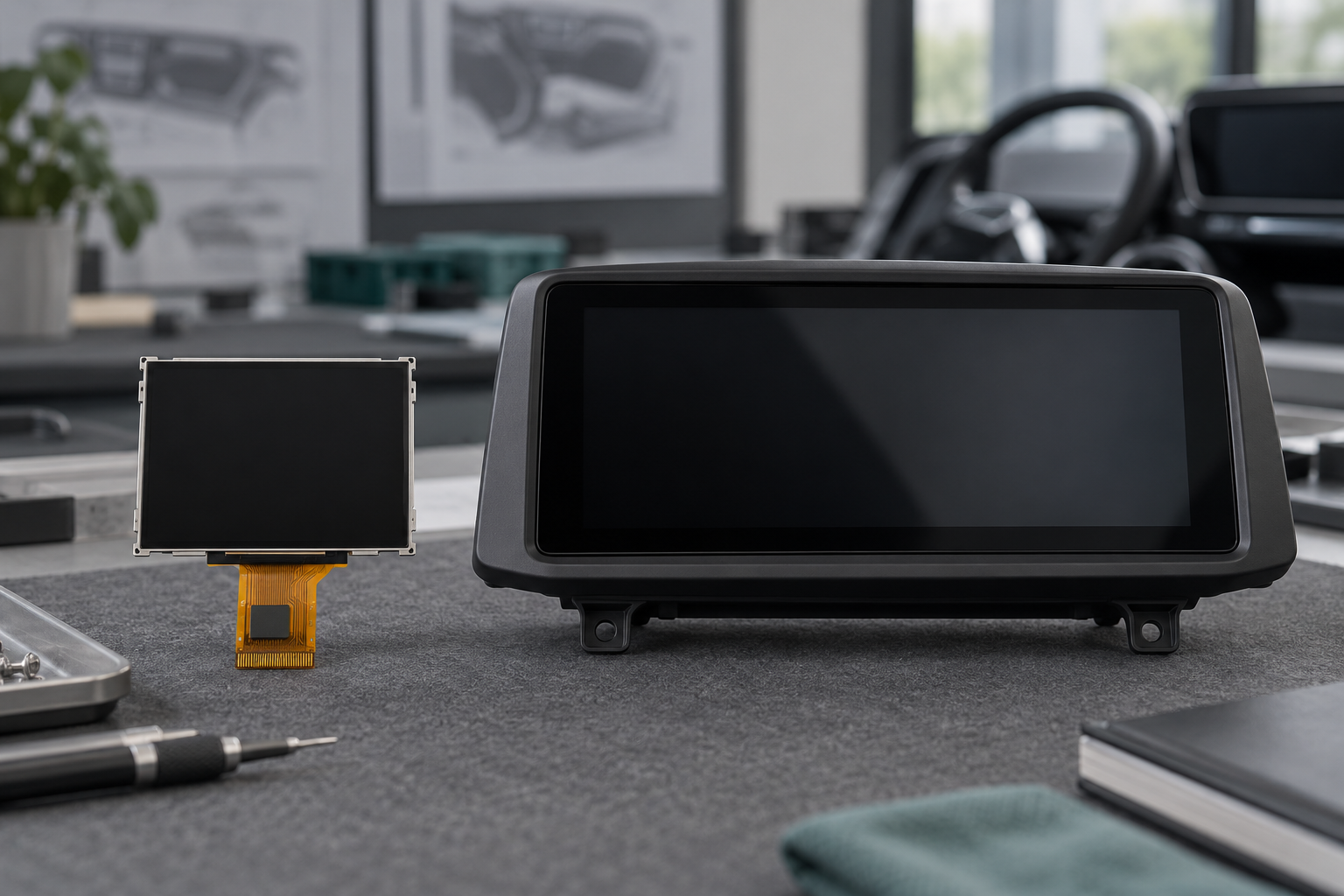 A bare display module beside a larger display assembly in a black bezel.