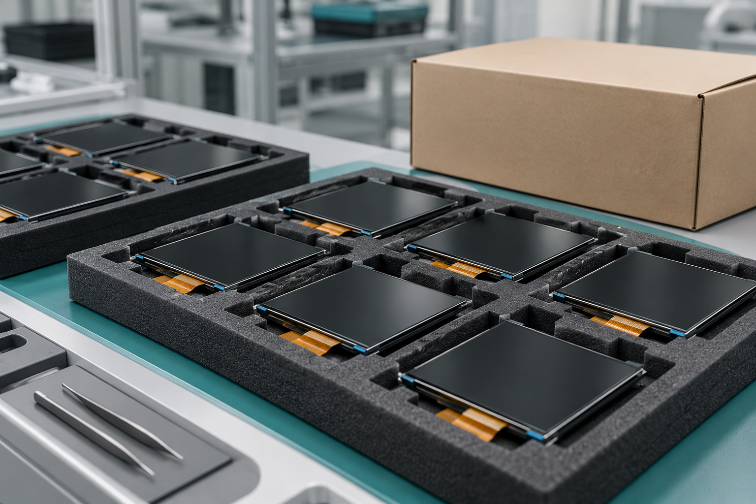 Generic display modules arranged separately in foam trays beside an unmarked carton.