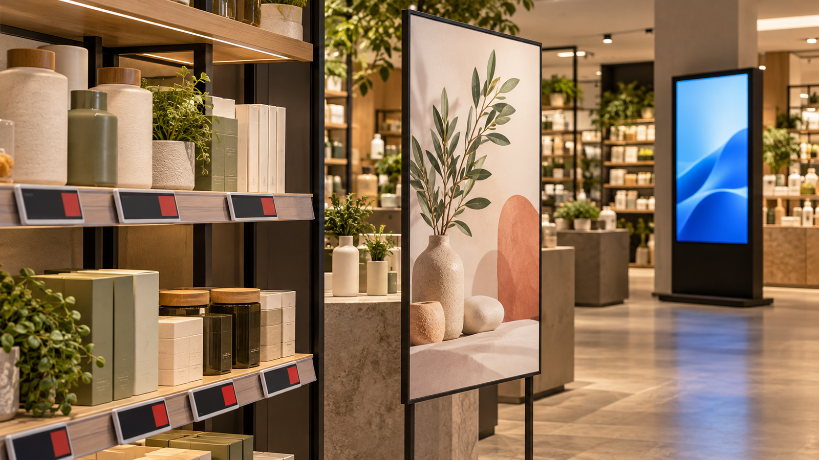 E-Paper Retail Display Market in 2026: From Shelf Labels to Connected Store Services 1 Small shelf labels, a matte promotional sign and a separate blue LCD kiosk illustrate different retail display roles.