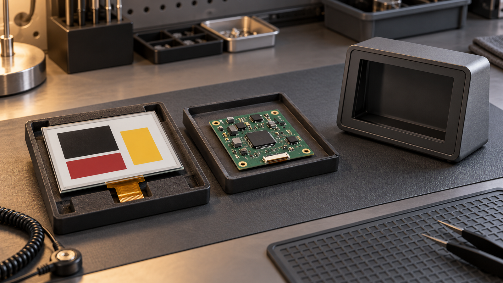 E-Paper Retail Display Market in 2026: From Shelf Labels to Connected Store Services 3 An e-paper-like module, a separate controller PCB and a compact housing rest on an engineering bench.