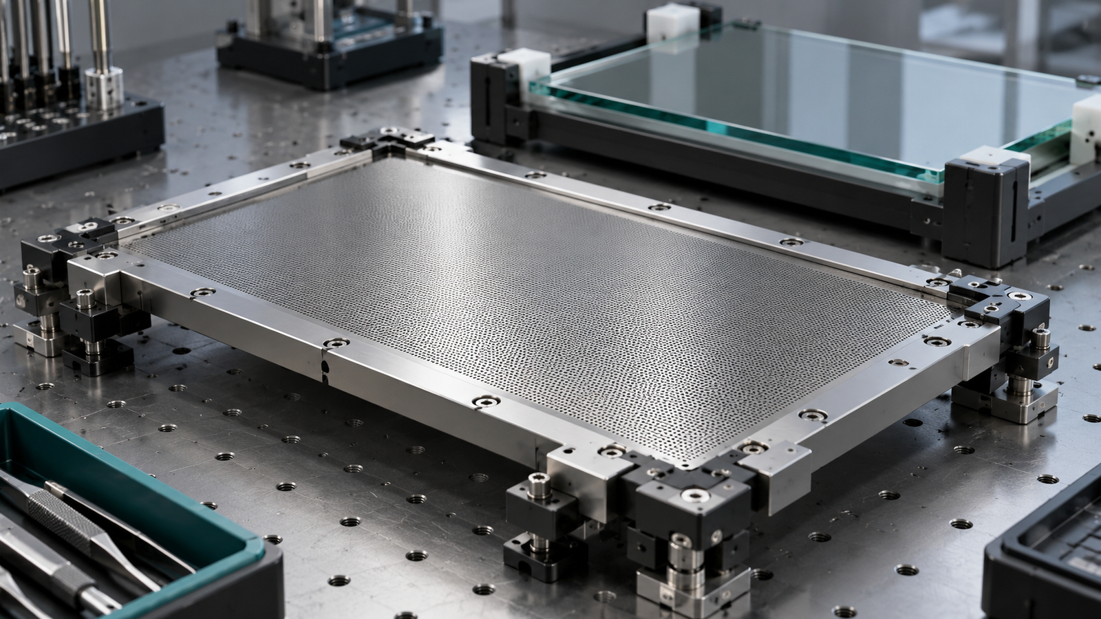 A framed perforated metal tooling plate on a laboratory table beside a protected glass substrate.