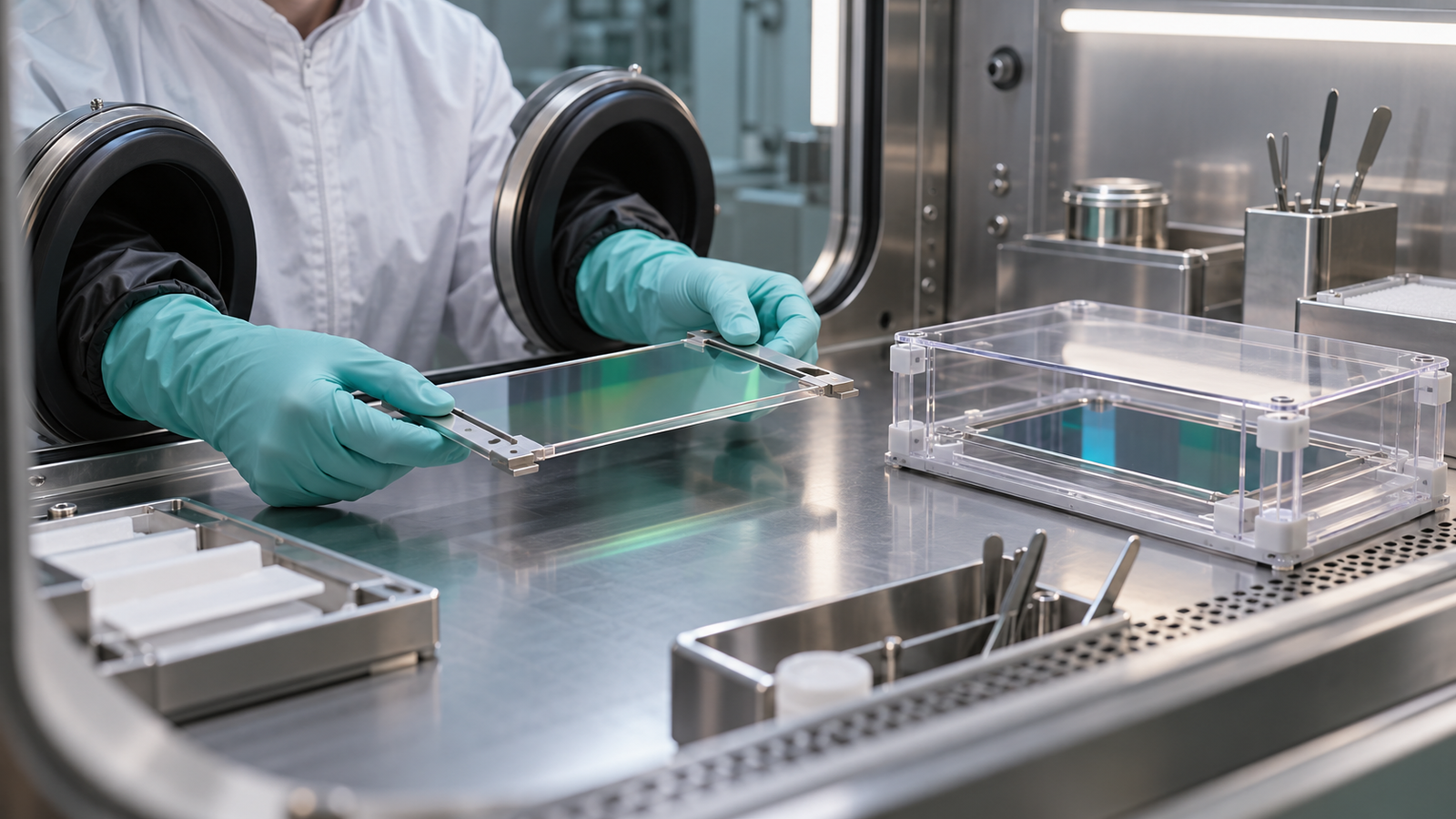 A researcher uses glovebox gloves to handle a glass substrate by its carrier edges near a protective enclosure.