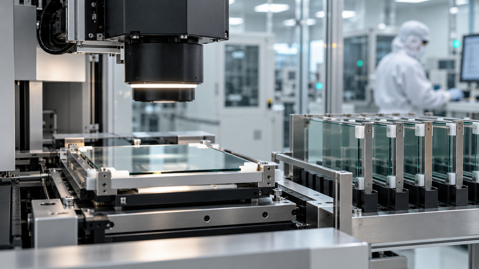 An optical inspection head faces a supported glass substrate with additional carriers arranged nearby.