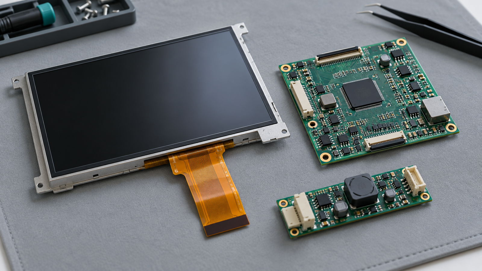 A TFT LCD module, display controller board and separate LED driver board arranged on a laboratory mat.