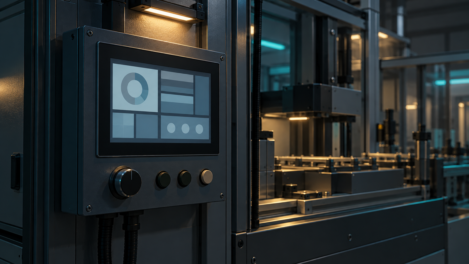 An enclosed industrial HMI with a softly illuminated abstract interface beside stationary machinery in a dim room.