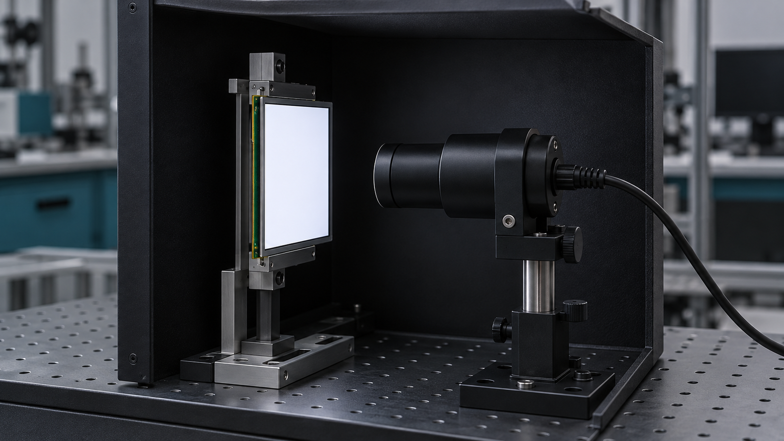 An optical detector faces the center of a white LCD field inside a dark shielding hood.