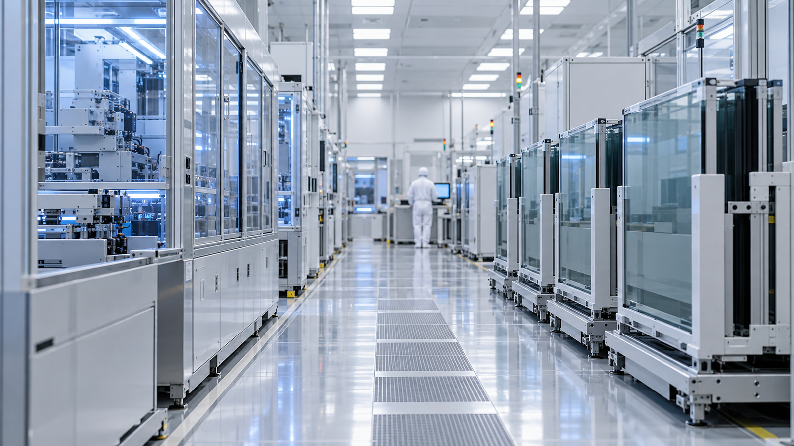 An anonymous cleanroom aisle contains enclosed processing equipment and glass substrate carriers.