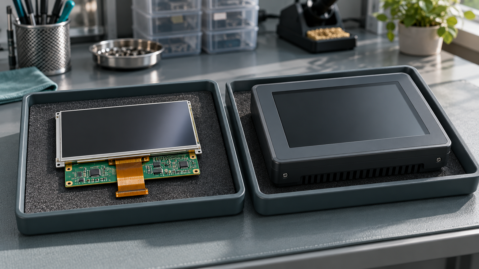 A bare LCD module and a separate enclosed industrial display rest in individual protective trays.