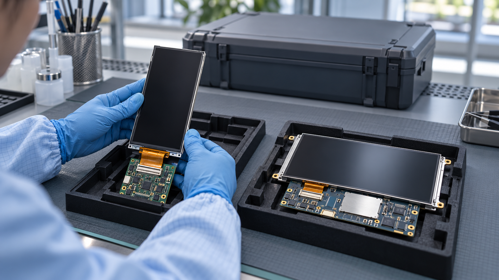 An engineer examines two different display modules supported in separate protective trays.