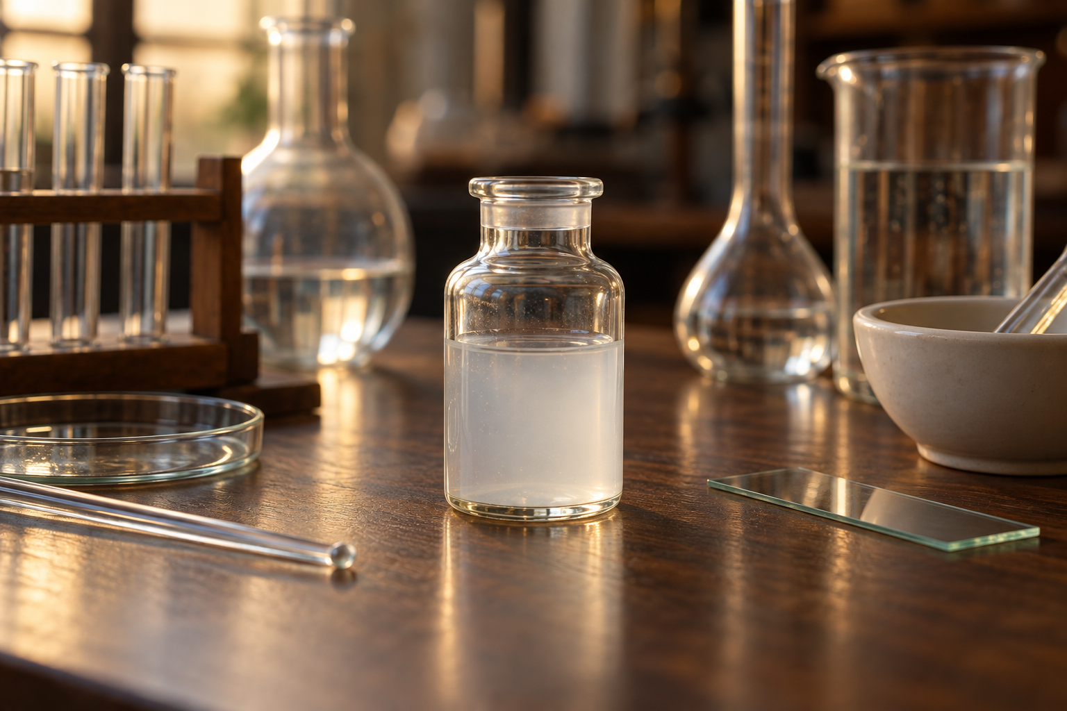 Glass vessel with cloudy liquid on a laboratory workbench