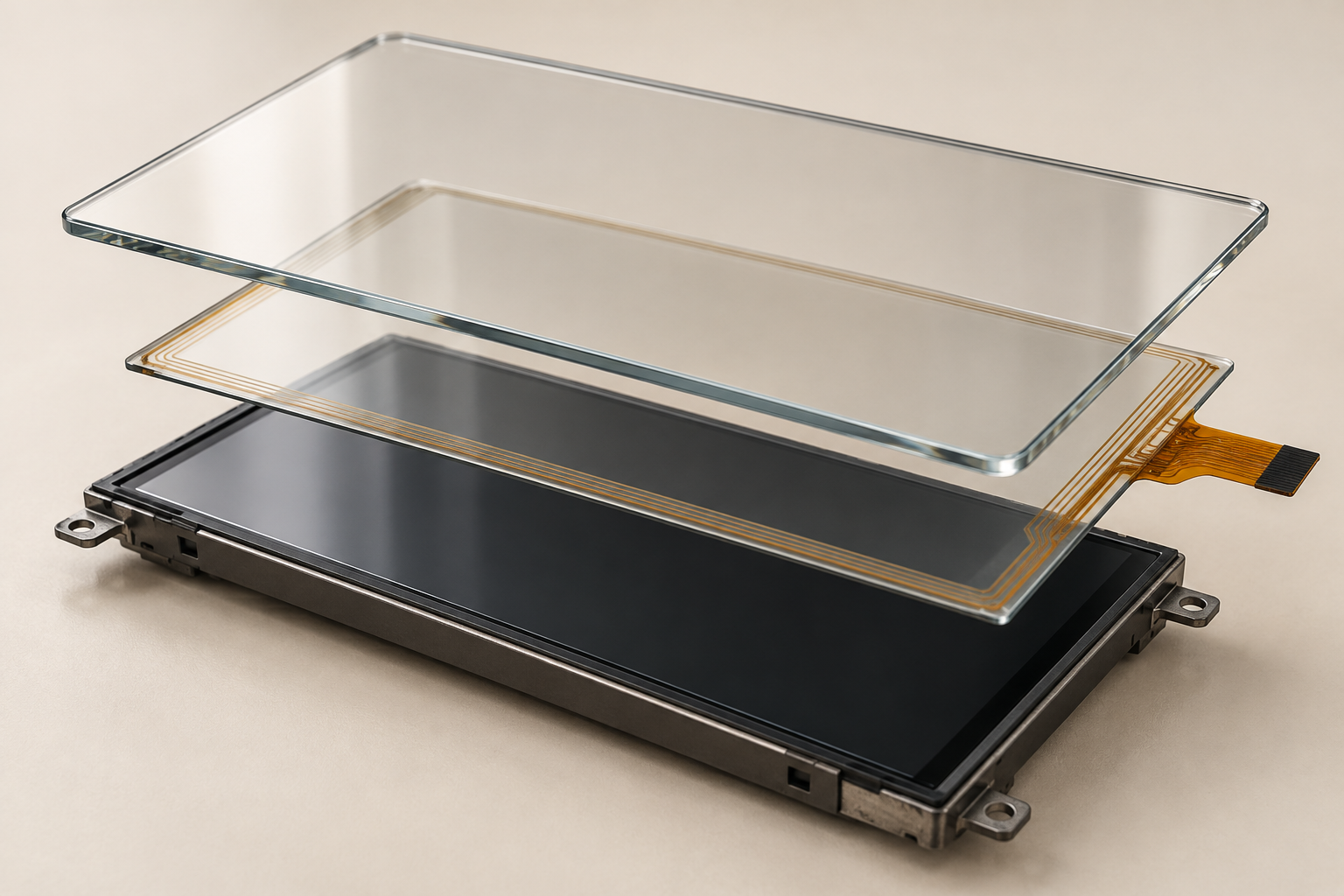 Linux Touchscreen Rotation: Transform Order and Output Mapping 1 Separated cover glass, touch layer and TFT module shown as a conceptual assembly