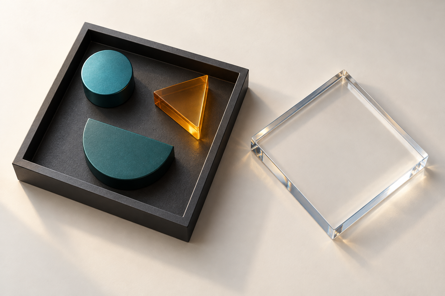 Linux Touchscreen Rotation: Transform Order and Output Mapping 2 Asymmetric teal and amber tiles on a square tray beside a separate clear plate