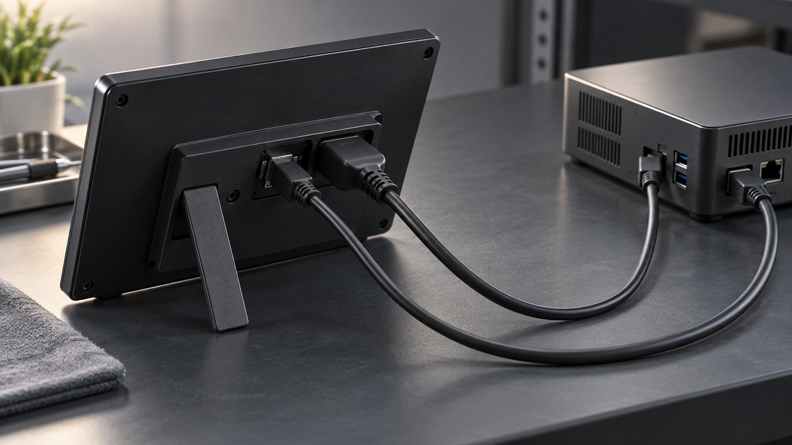Separate finished cables connect an enclosed touch display and a compact host on a workbench.
