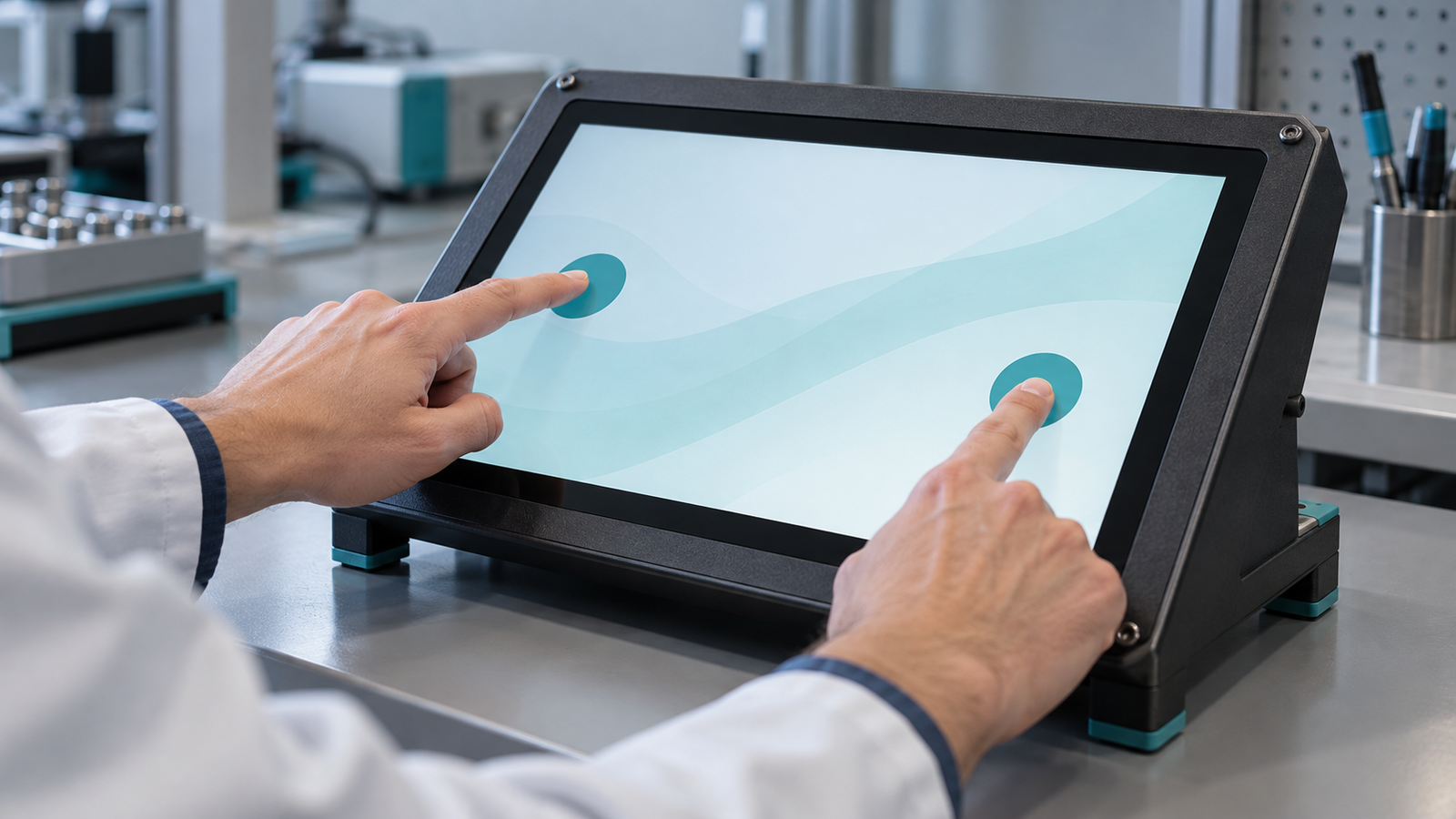 Two fingertips touch well-separated areas of a supported conceptual touch panel.
