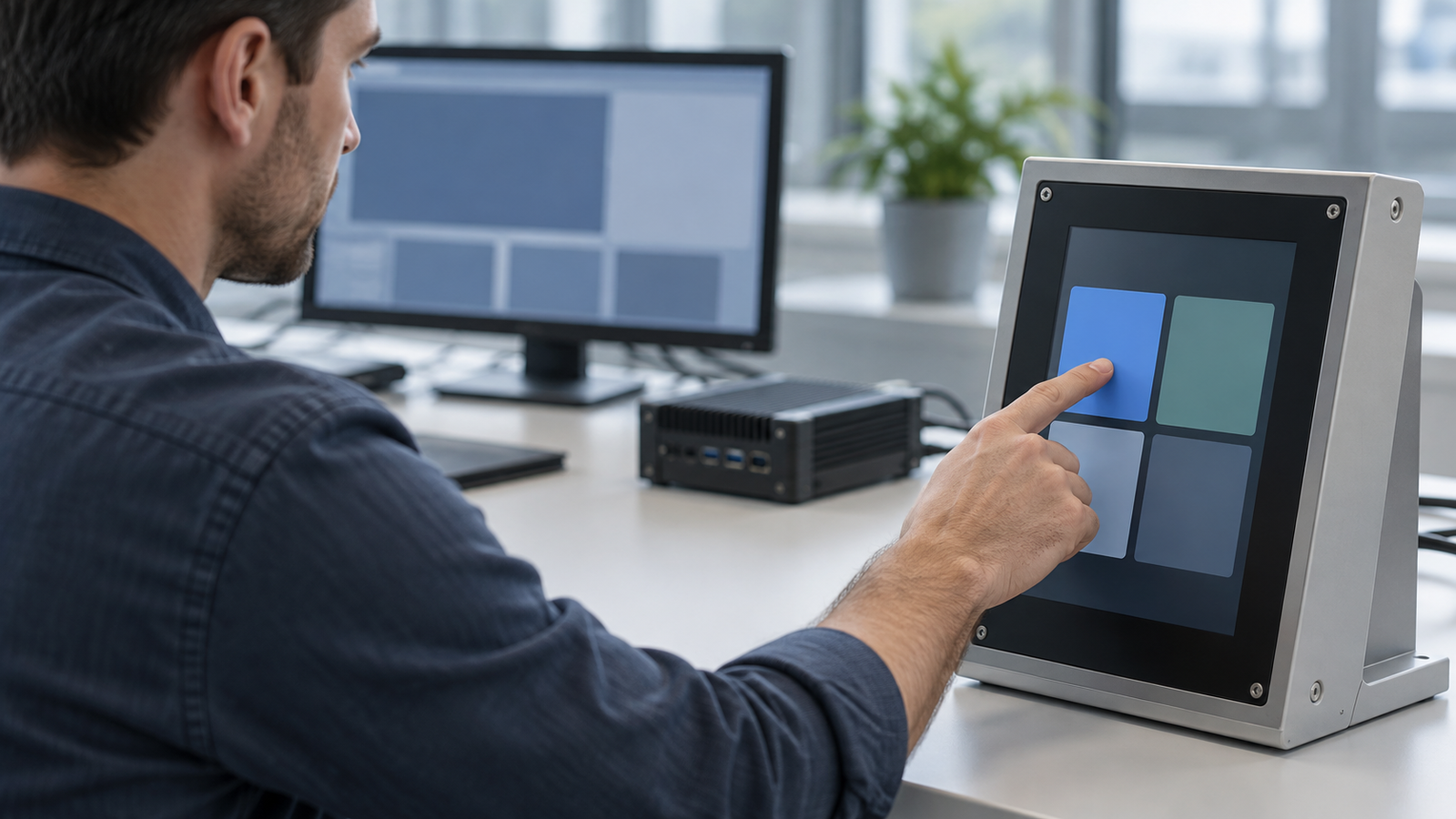 An engineer touches a large tile on a portrait industrial HMI beside a separate host and monitor.