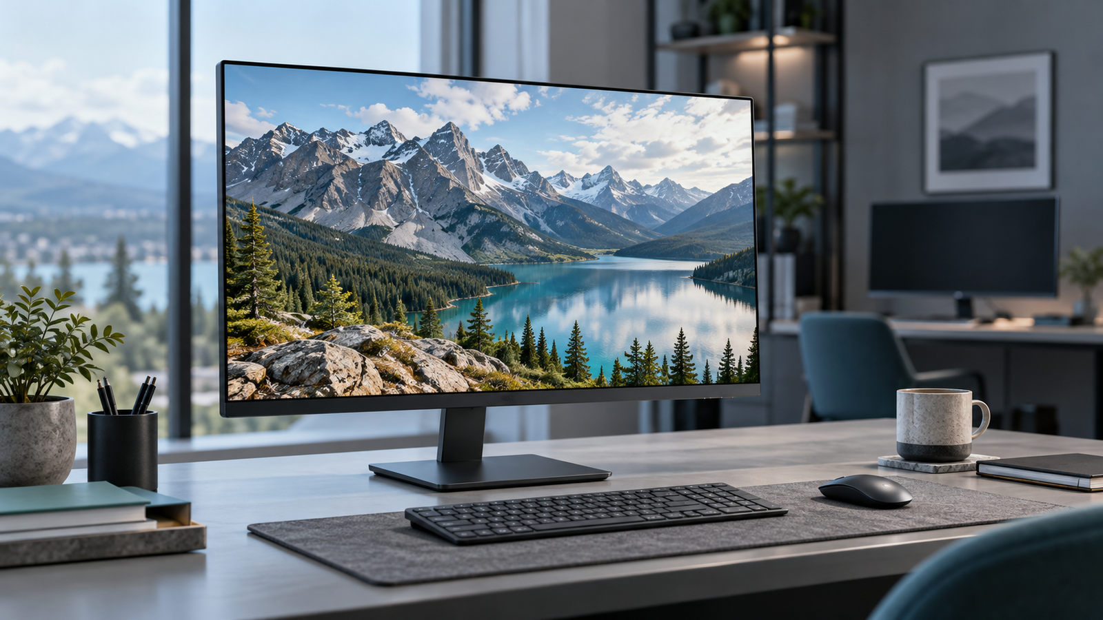 OLED Monitor Market Growth in 2026: Implications for Industrial OEMs 1 An unbranded desktop monitor displaying a mountain landscape in a modern workspace.