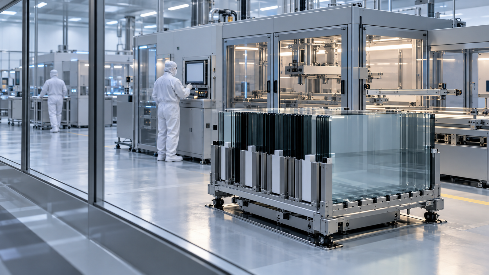 OLED Monitor Market Growth in 2026: Implications for Industrial OEMs 2 Glass substrates in a transport carrier beside enclosed machinery in a conceptual display cleanroom.