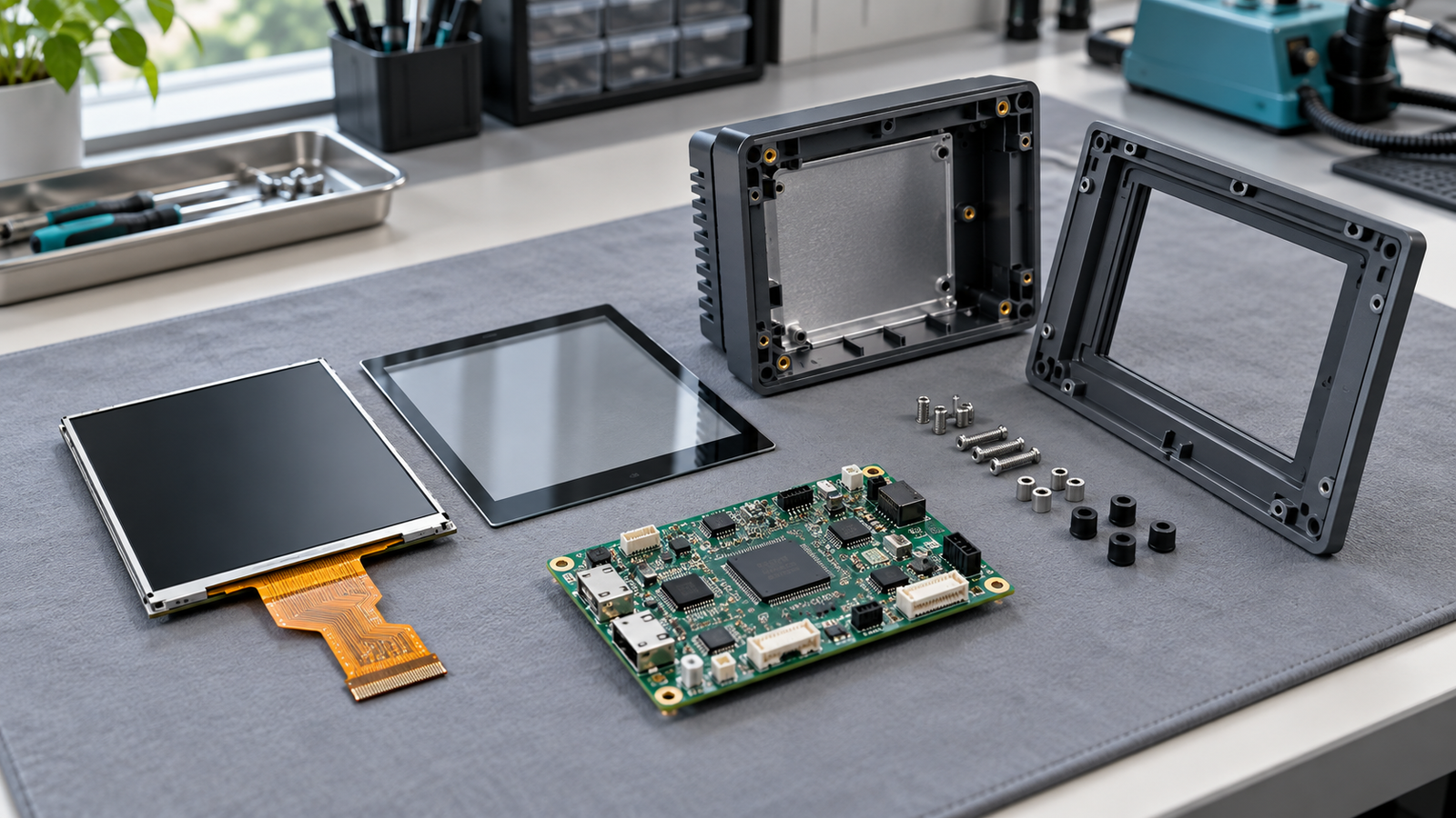 OLED Monitor Market Growth in 2026: Implications for Industrial OEMs 3 An LCD module, cover glass, controller board and open HMI enclosure arranged separately on an engineering bench.