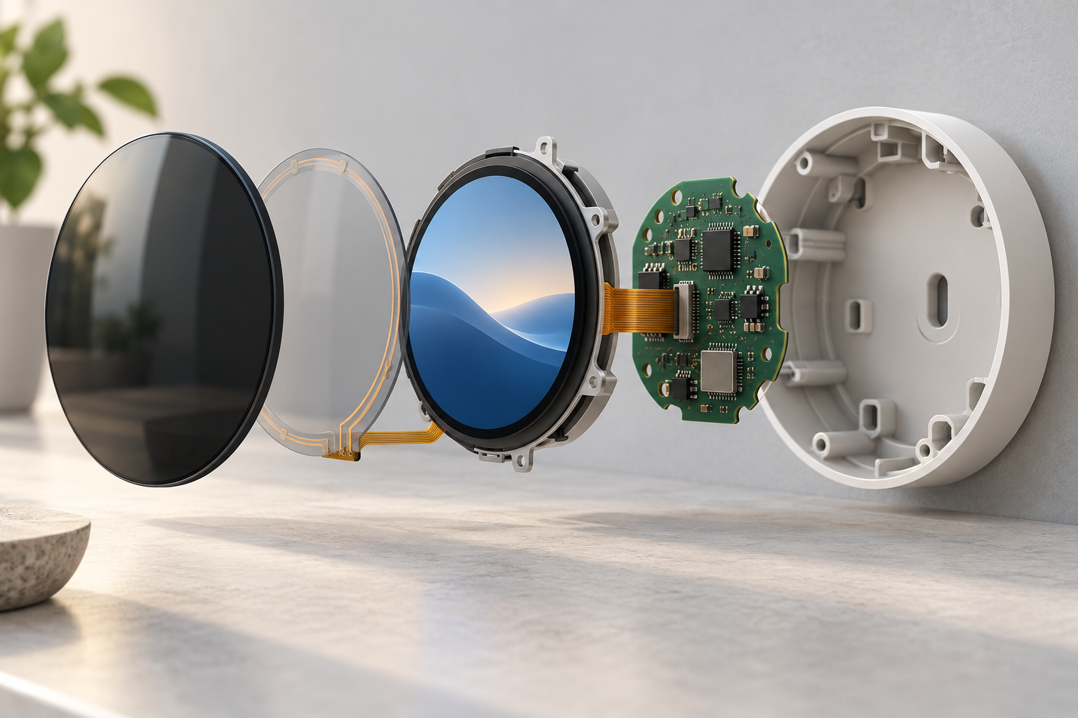 Conceptual layers of a round display, touch cover, control board, and wall enclosure