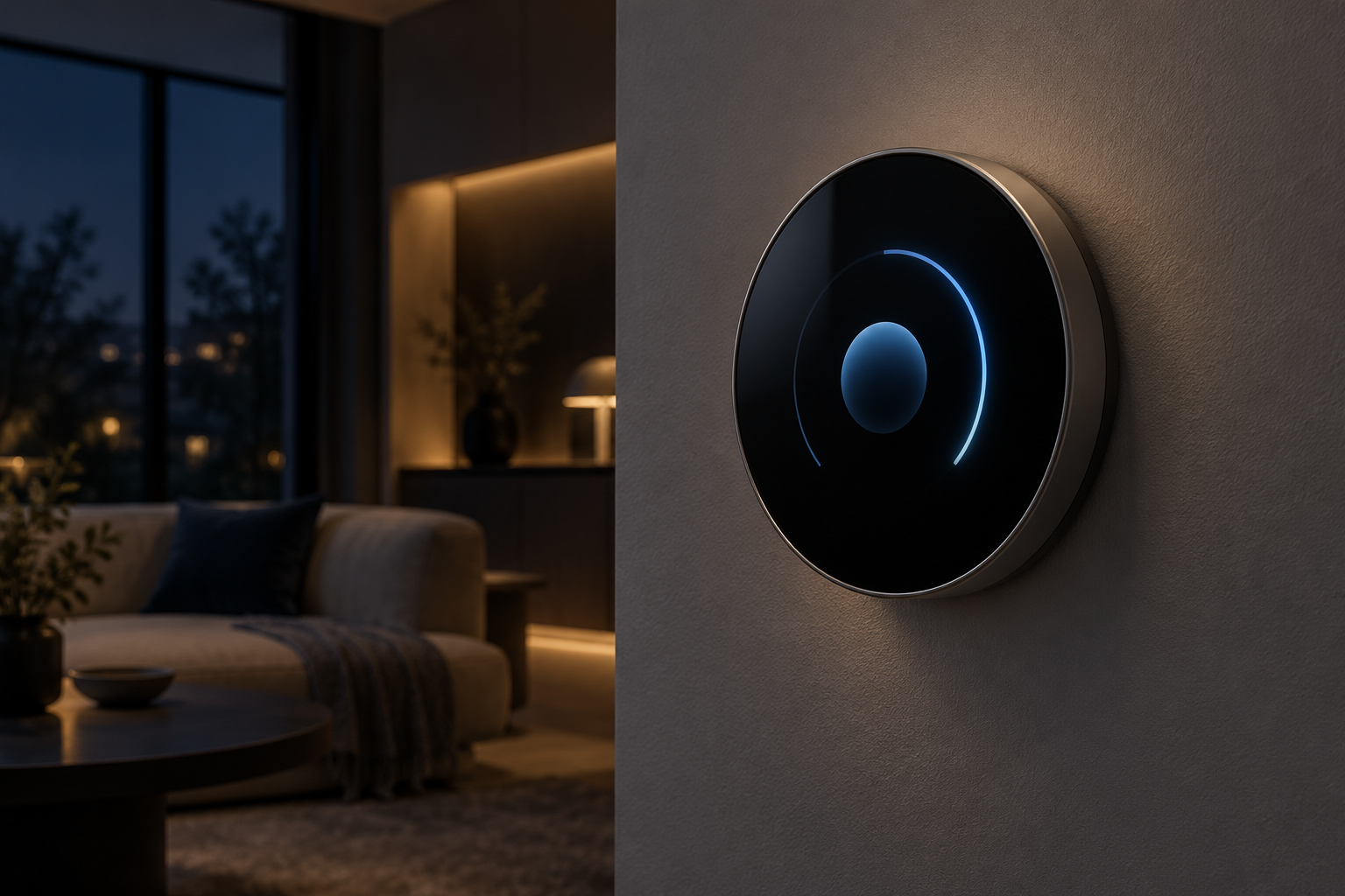 Concept of a softly illuminated round thermostat in a dark room