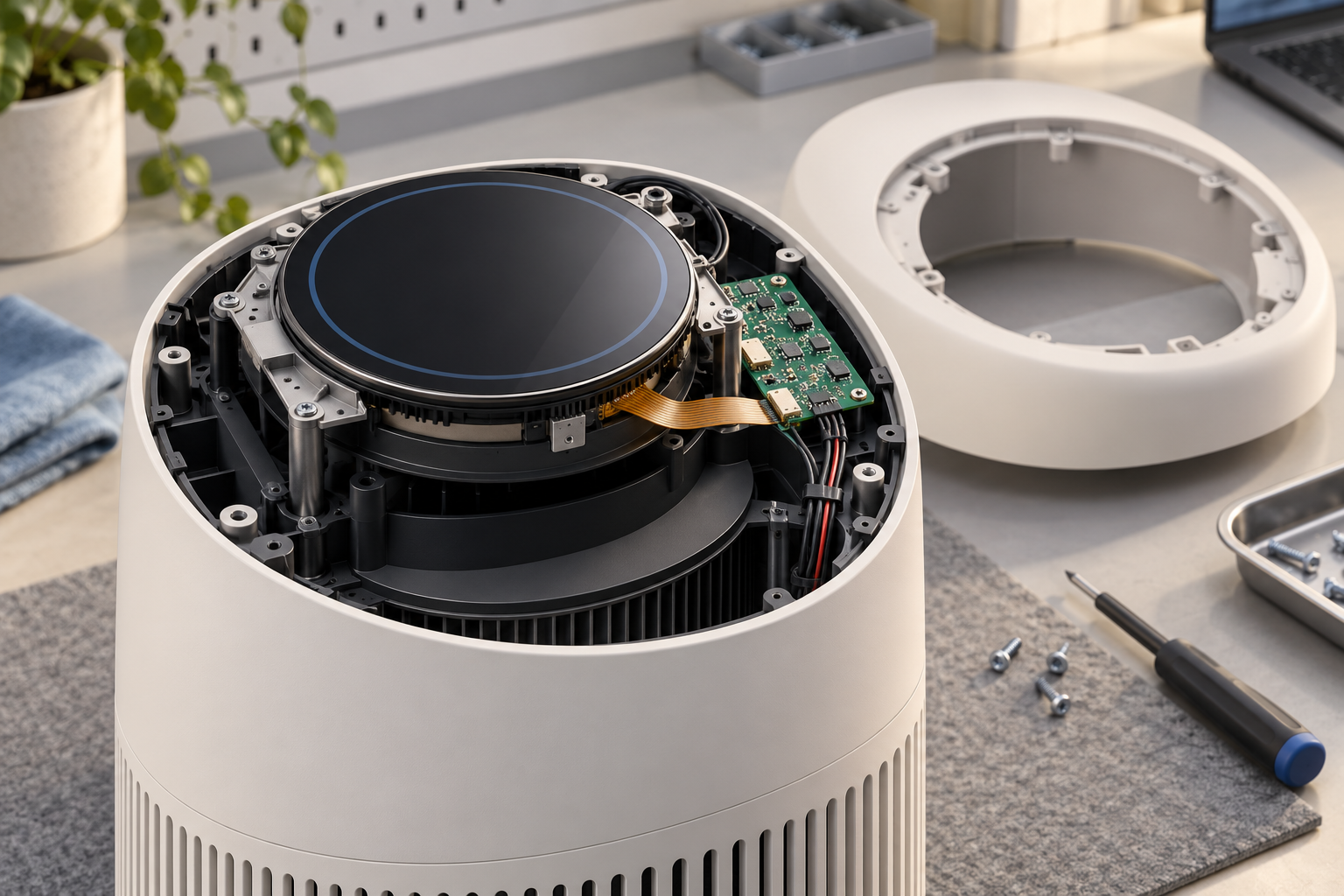 Concept of a round TFT and touch assembly, host board, and air-purifier control-panel enclosure