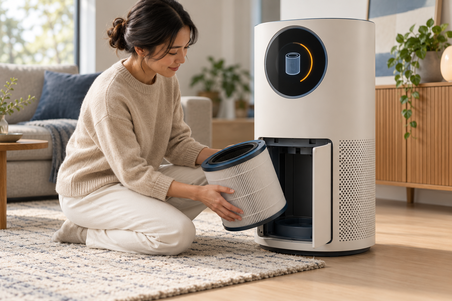 Concept of filter replacement beside an air purifier with an abstract maintenance indicator