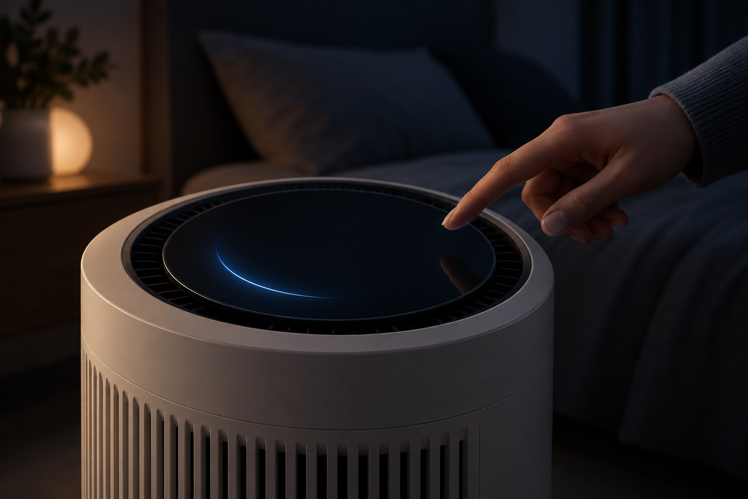Concept of a fingertip approaching a softly dimmed round air-purifier display in a dark room