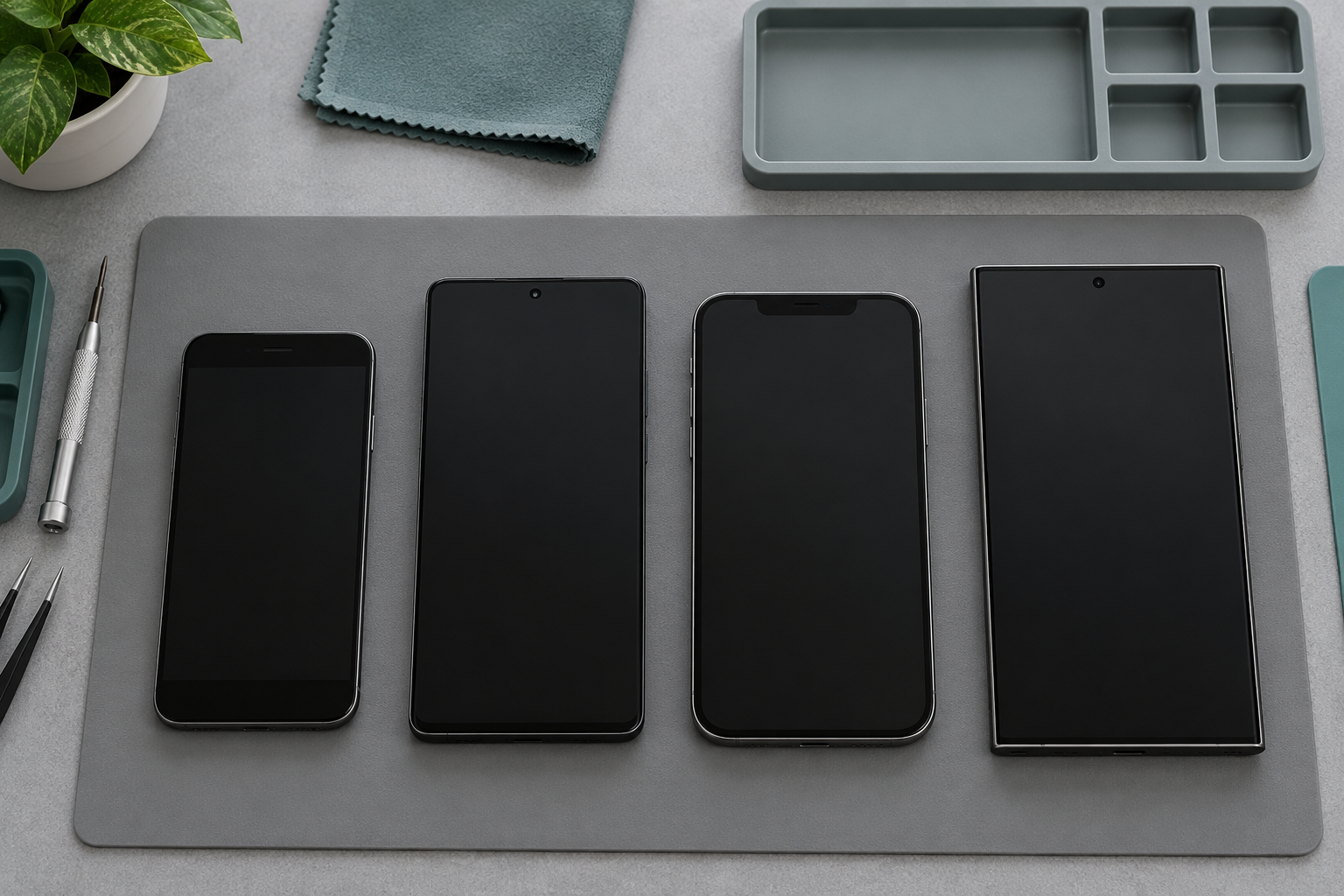 Smartphone Display Panel Market 2026: Repair Channels and Inventory 1 Four unbranded phones with different shapes and dark screens arranged on an inspection mat.