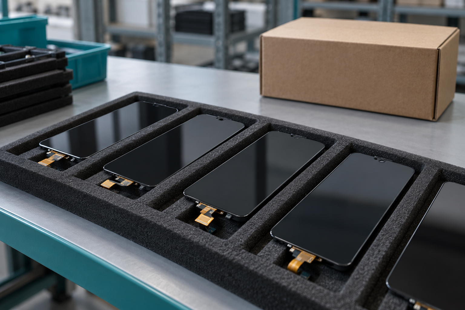 Smartphone Display Panel Market 2026: Repair Channels and Inventory 2 Portrait display assemblies stored separately in fitted foam trays beside an unmarked carton.