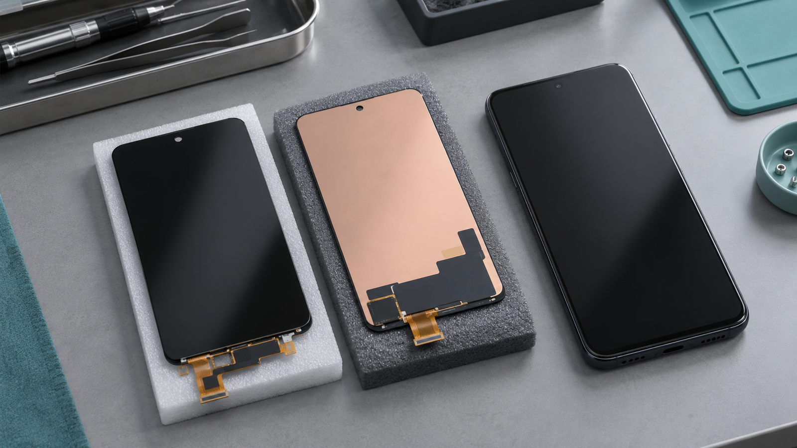Smartphone Display Panel Market 2026: Repair Channels and Inventory 3 A complete phone and two separate generic display assemblies supported on a workbench.