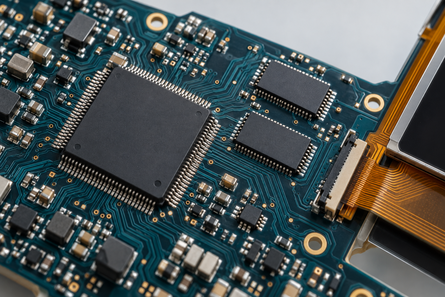 STM32 TFT LCD Cache Coherency: DMA, LTDC and Buffer Ownership 1 Close-up concept of a controller board with processor and memory packages