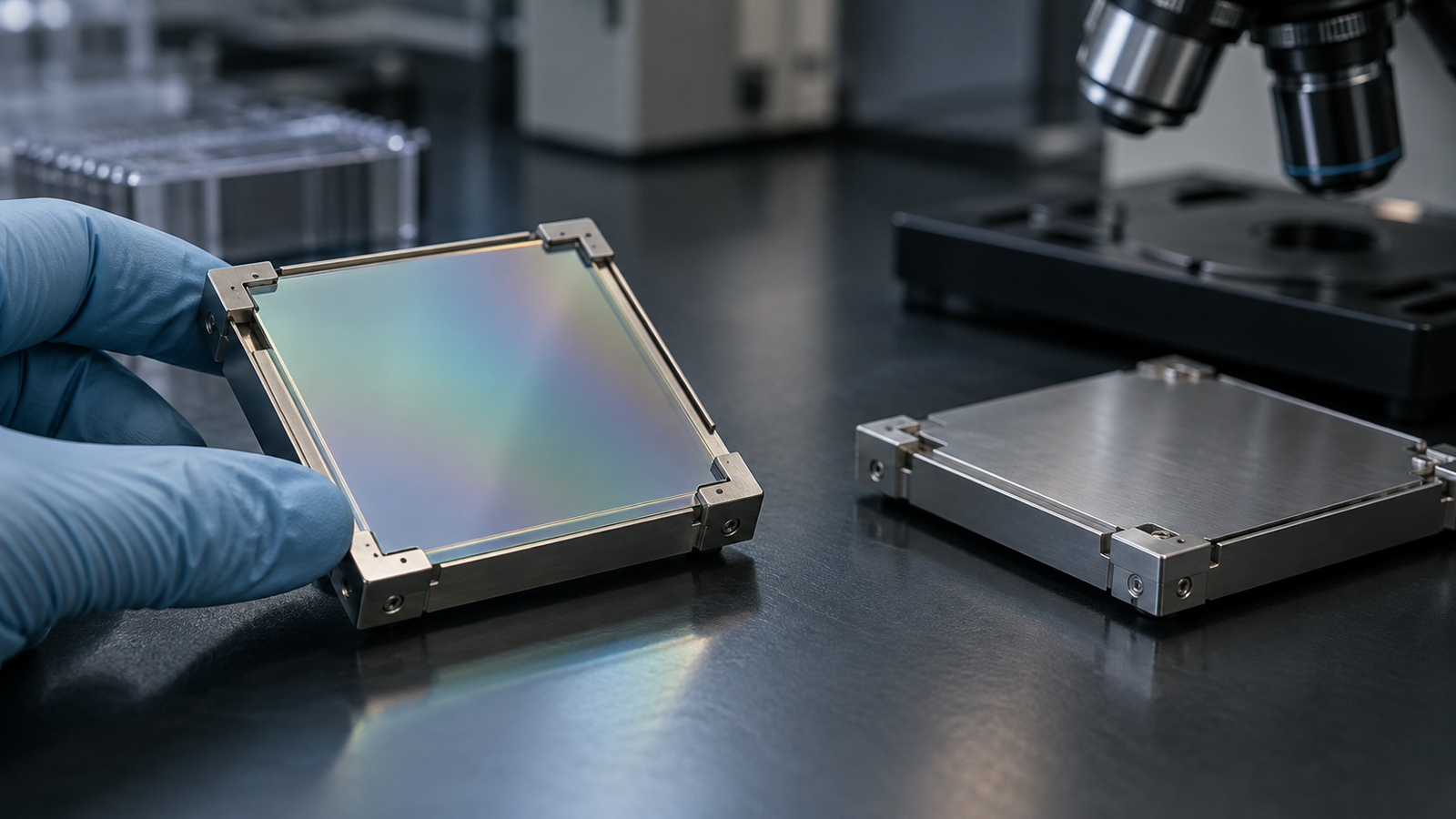 A gloved hand holds a framed coated glass substrate beside inspection equipment.