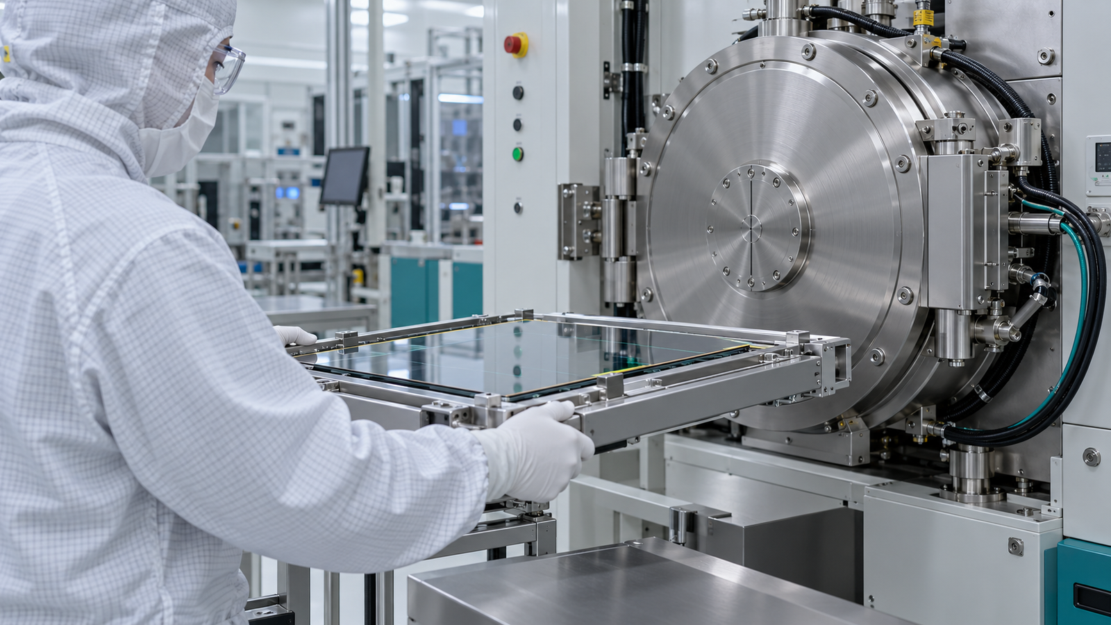 A cleanroom technician handles a glass substrate carrier beside a vacuum process chamber.
