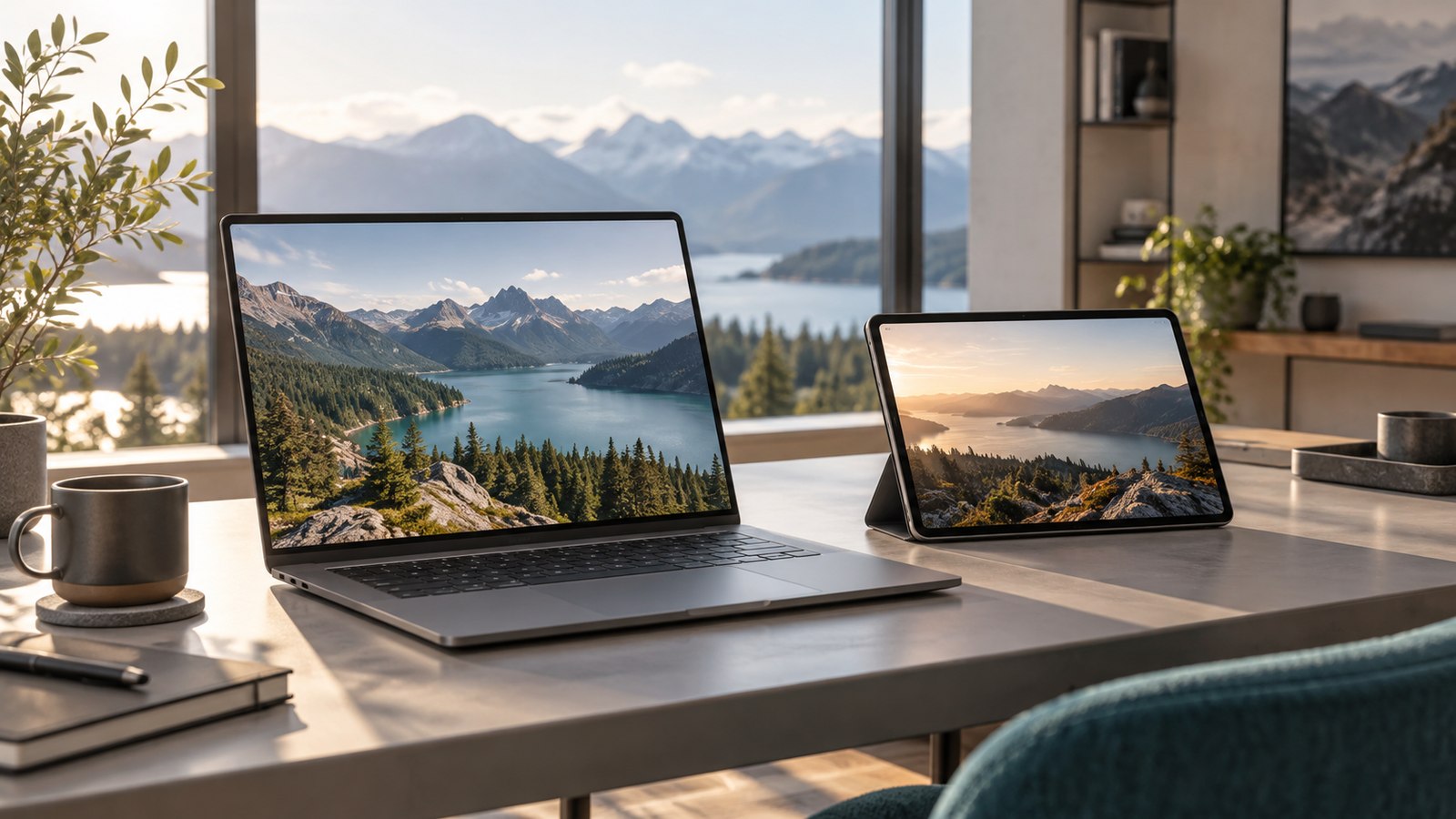 An unbranded laptop and tablet display natural landscape images on a worktable.