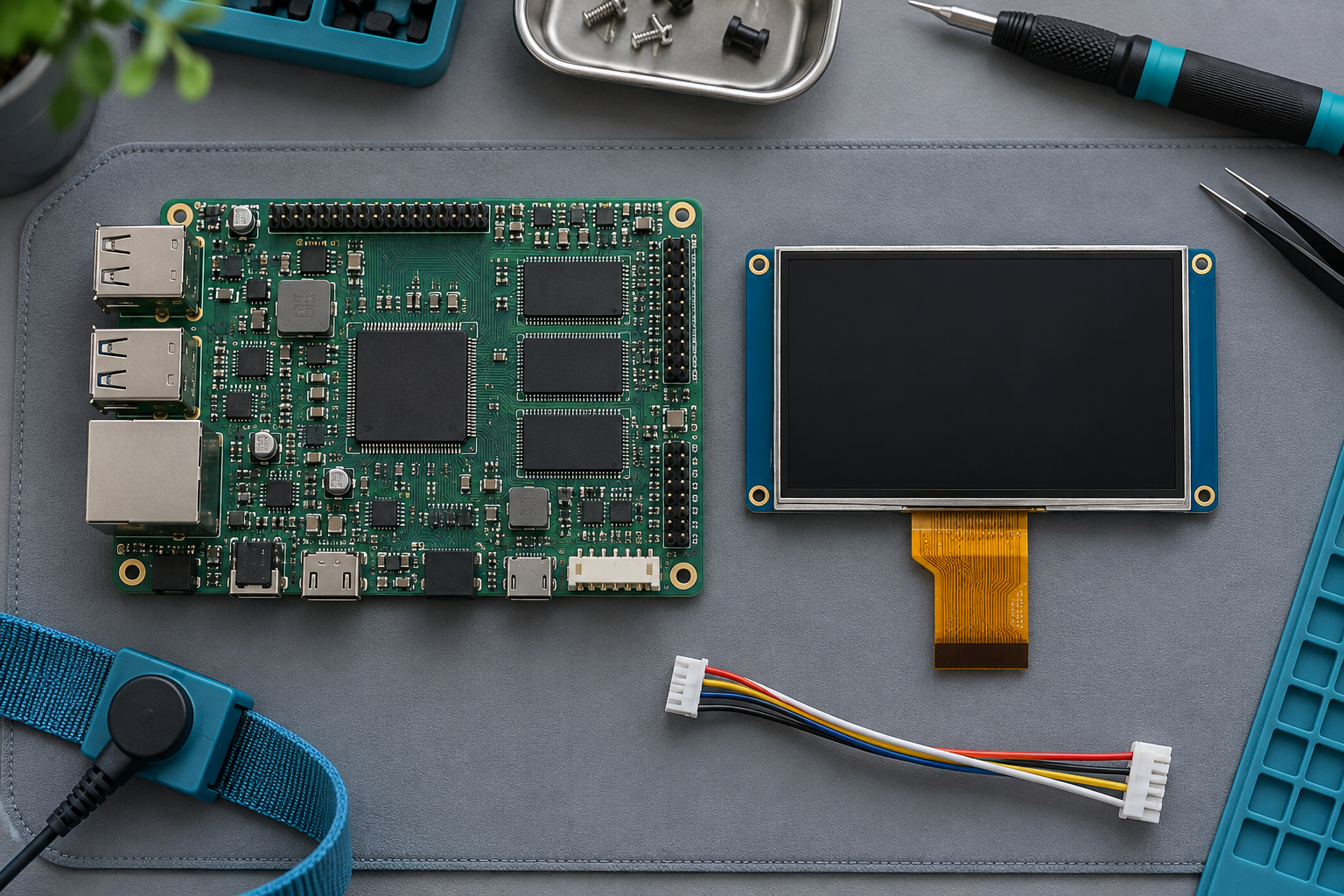 A separate graphics host board, dark TFT module and loose cable arranged on a mat.