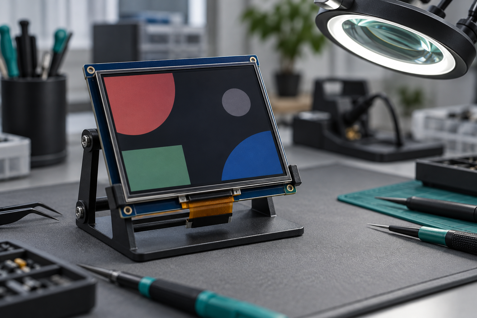 A generic TFT with abstract colored shapes beside an inspection lamp.