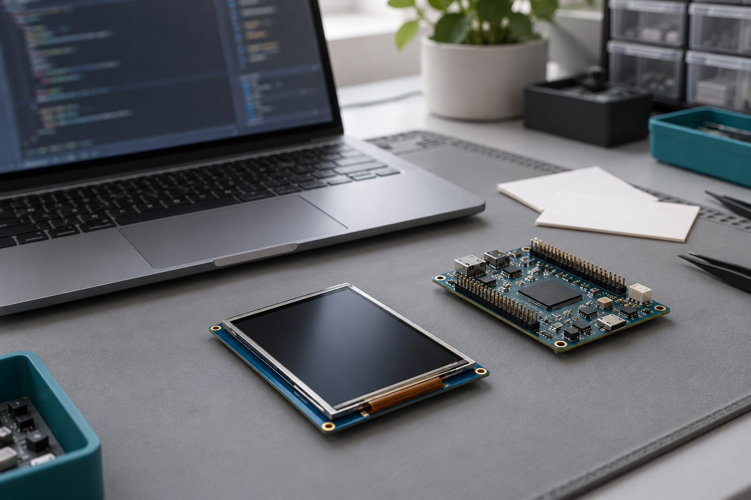 A laptop, dark TFT module and separate development board at a software-validation workspace.