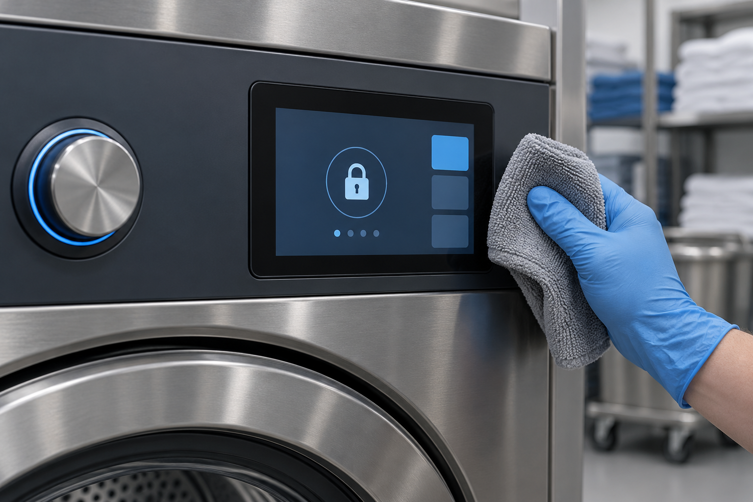 Concept of a cleaning cloth beside a washer control display with a proposed cleaning-lock interface