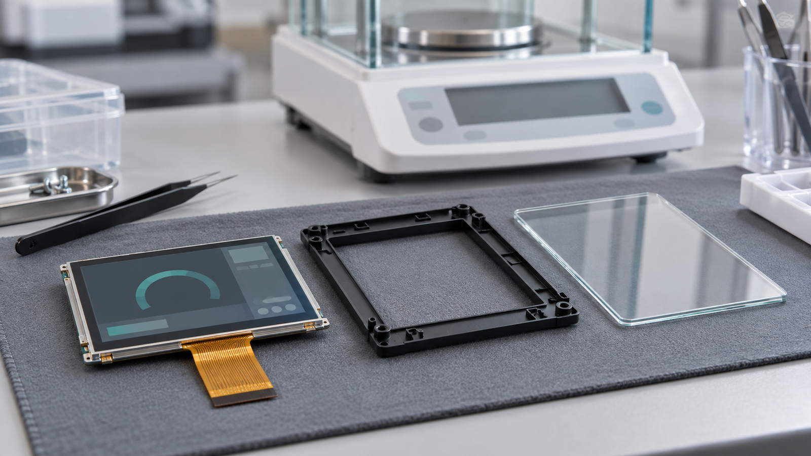 A generic TFT module, front bezel and cover glass arranged separately on an engineering bench.