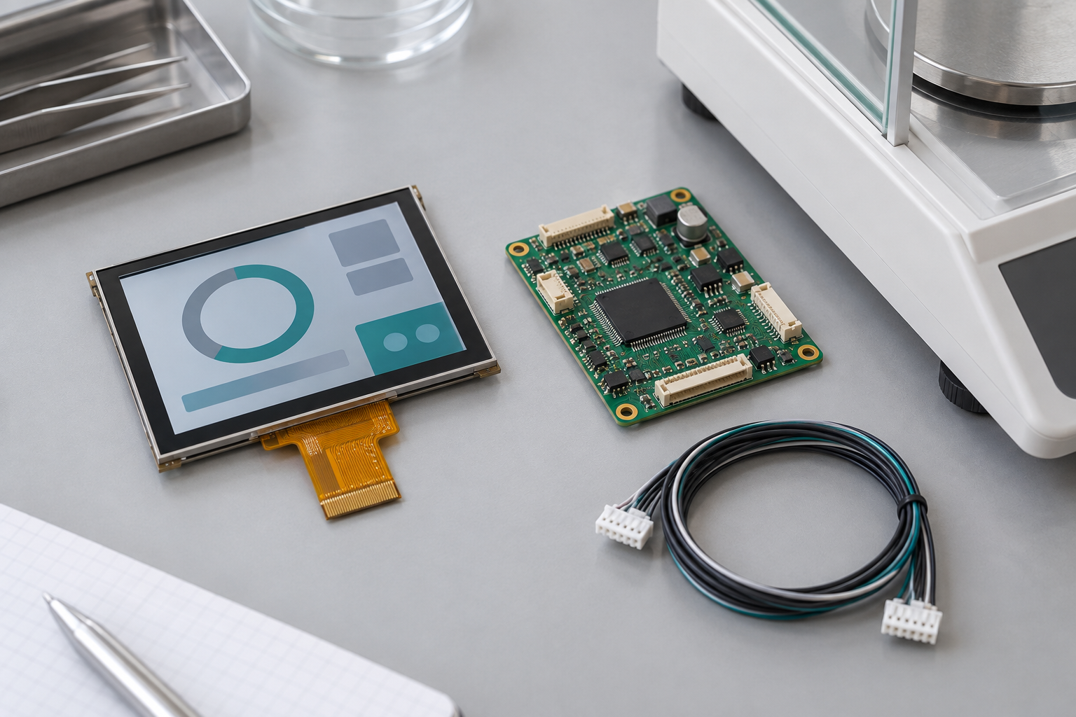 A generic TFT module, embedded host board and cable laid out beside a balance enclosure.