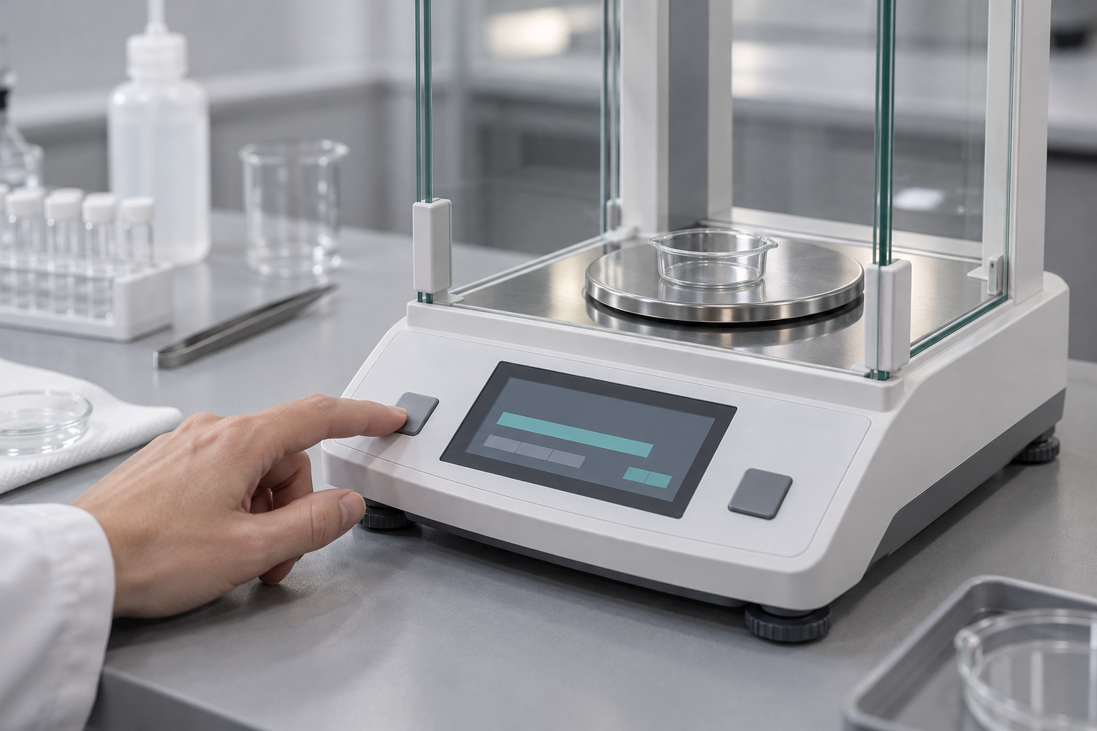 A hand reaches for a balance key while the front display remains visible.