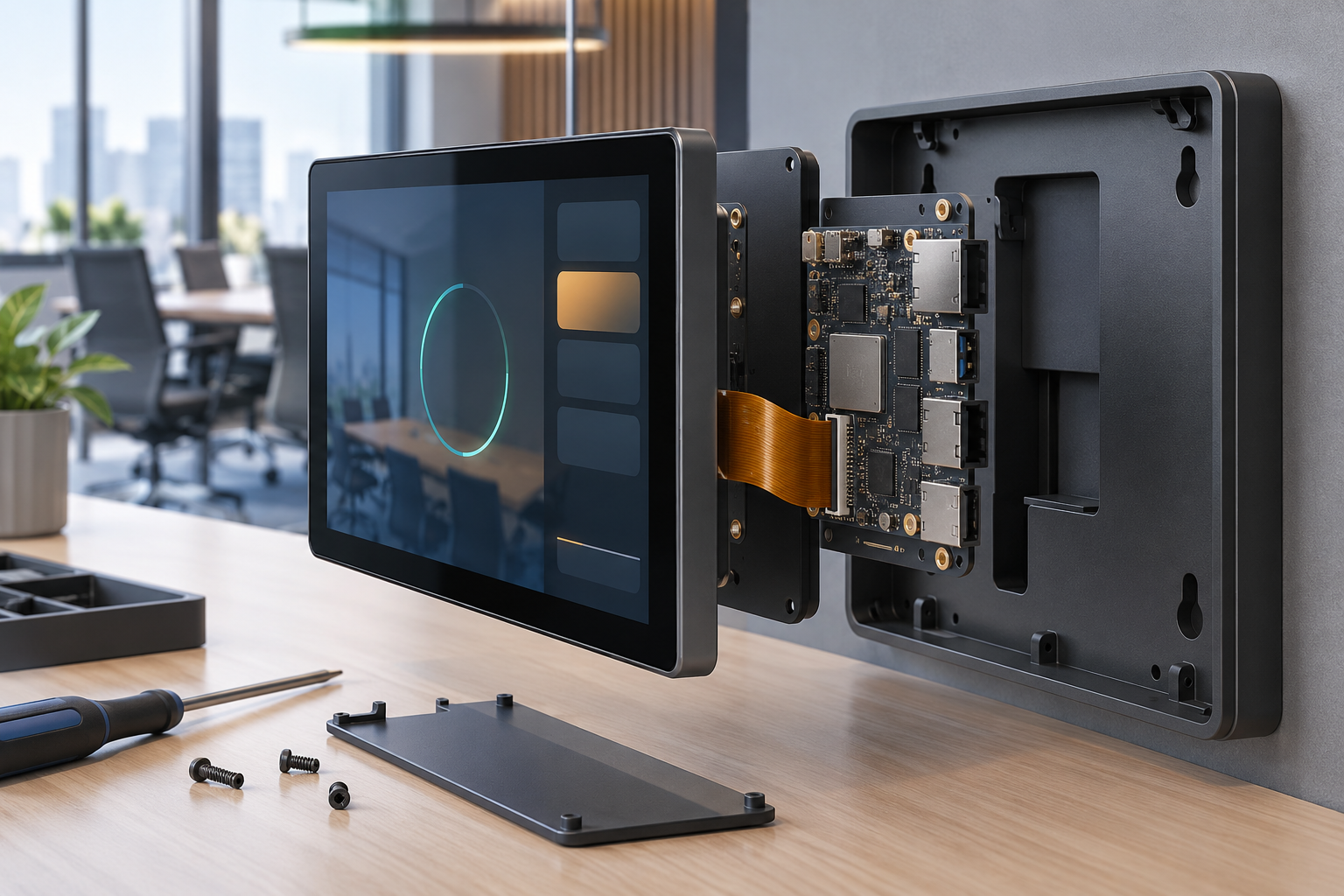 Concept of a TFT touch assembly, embedded host board, and shallow wall backplate