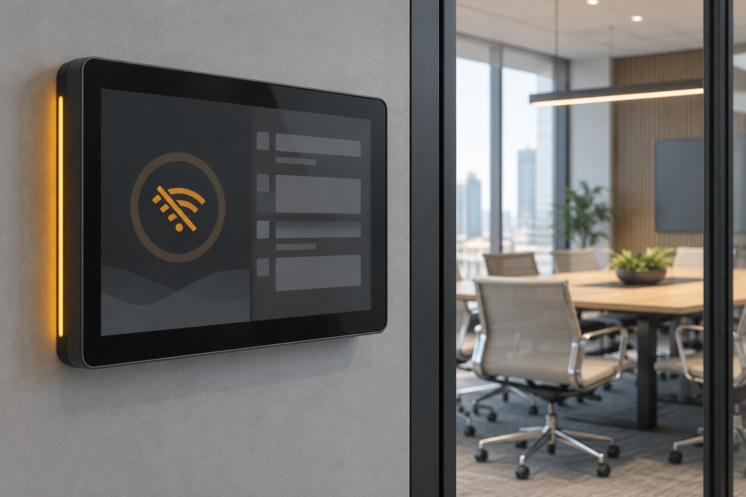 Concept of a room-booking terminal displaying a disconnected status and a muted cached schedule