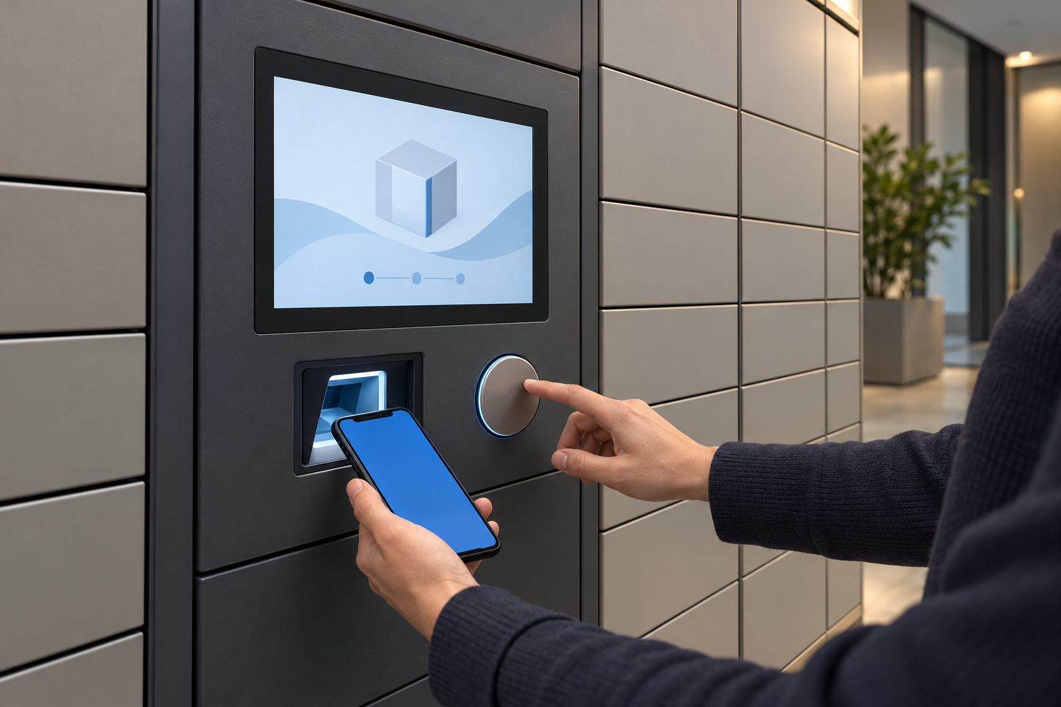 Parcel Locker Touchscreen Displays: A 7-Inch TFT Guide for Indoor Terminals 1 Concept of a user presenting a phone to a locker scanner below a landscape touchscreen