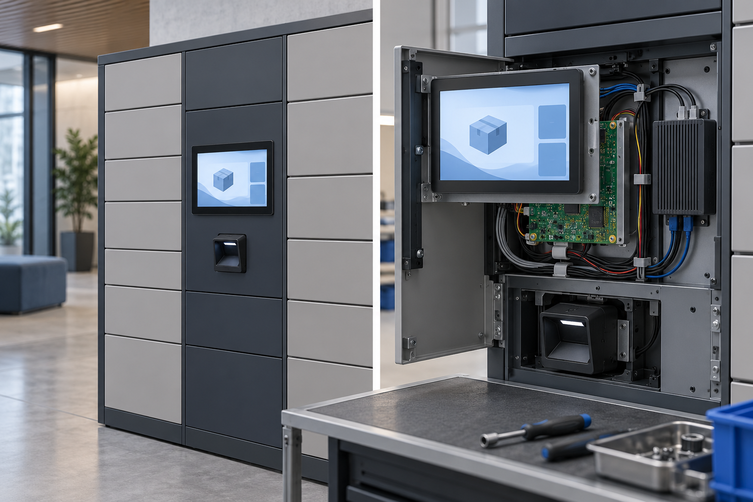 Parcel Locker Touchscreen Displays: A 7-Inch TFT Guide for Indoor Terminals 2 Concept of a locker fascia with separate display, host, and scanner components arranged for service