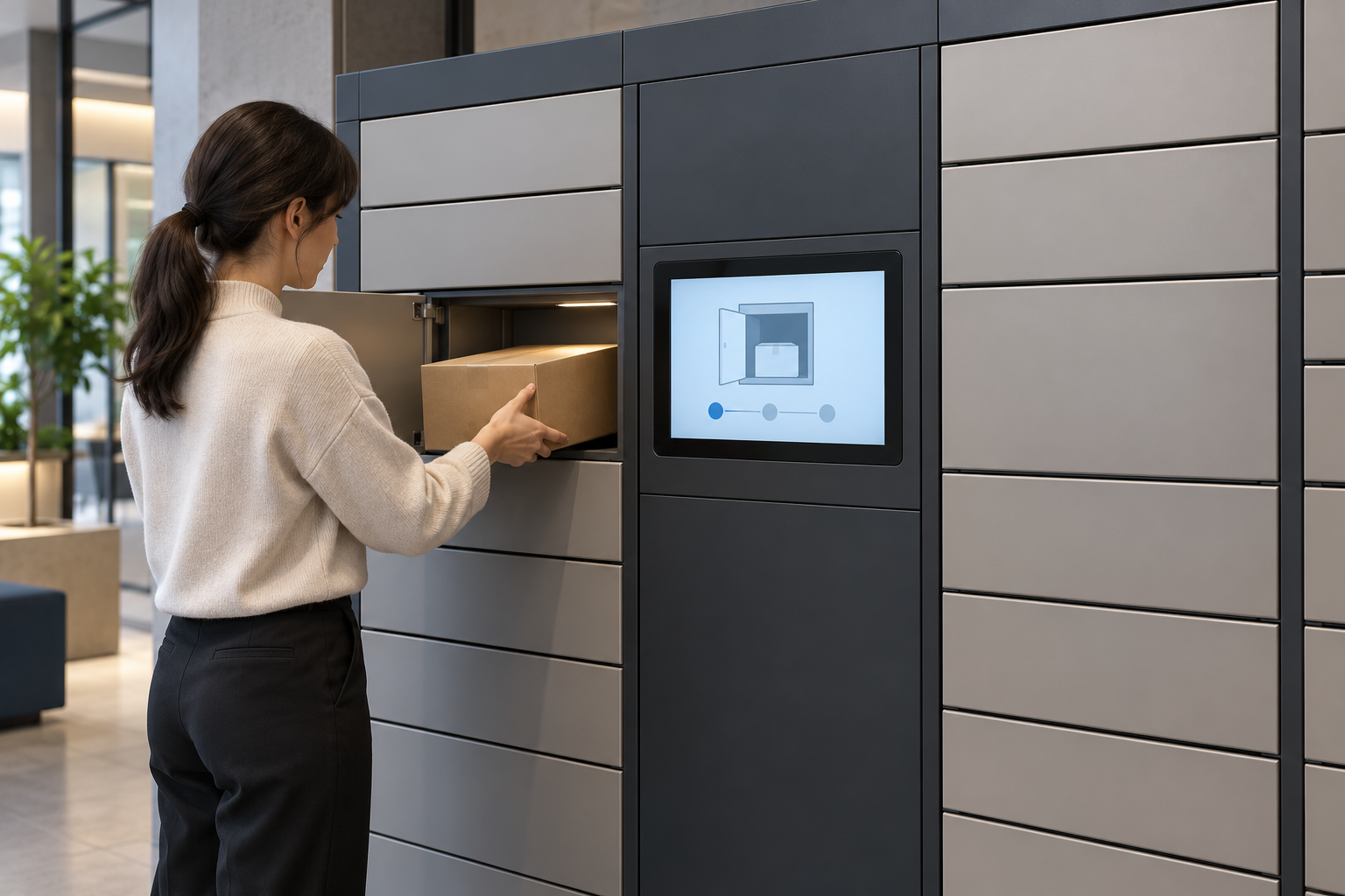 Parcel Locker Touchscreen Displays: A 7-Inch TFT Guide for Indoor Terminals 3 Concept of a user retrieving a parcel from an open compartment while the interface shows an unfinished collection state