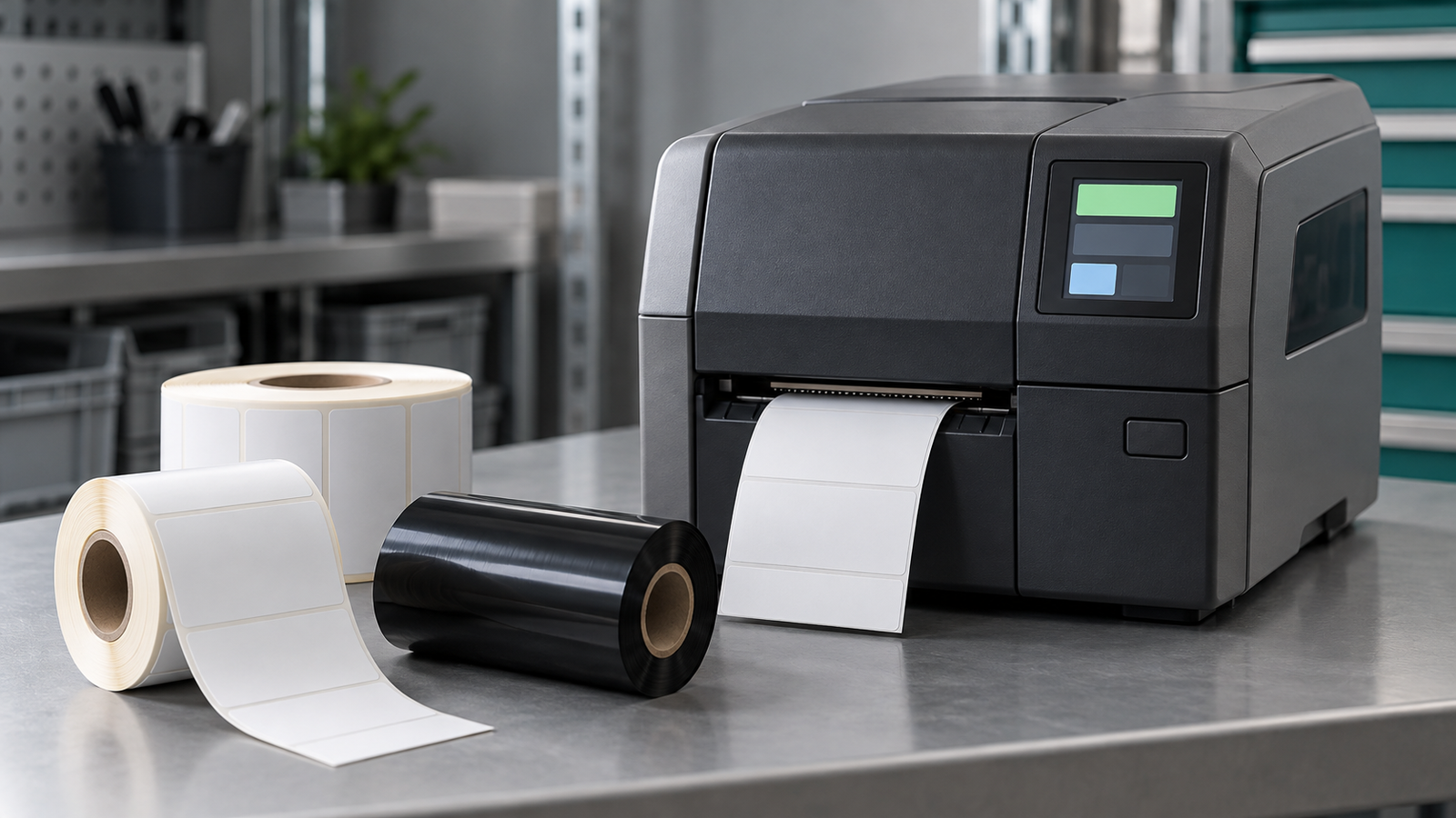 Label rolls and a thermal-transfer ribbon roll sit beside a closed industrial label printer.