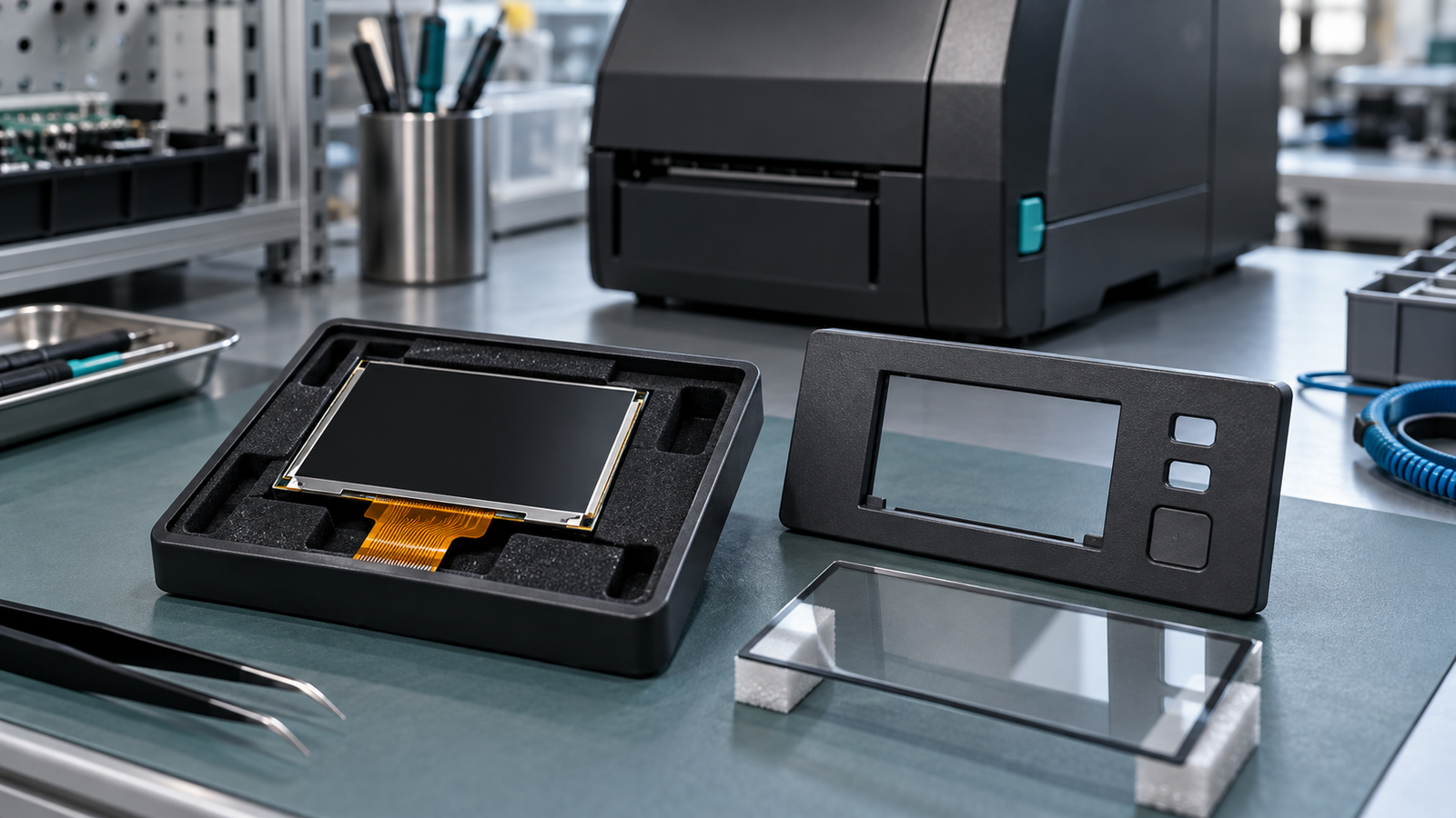 A generic TFT module, front bezel and supported cover glass rest separately on an engineering bench.
