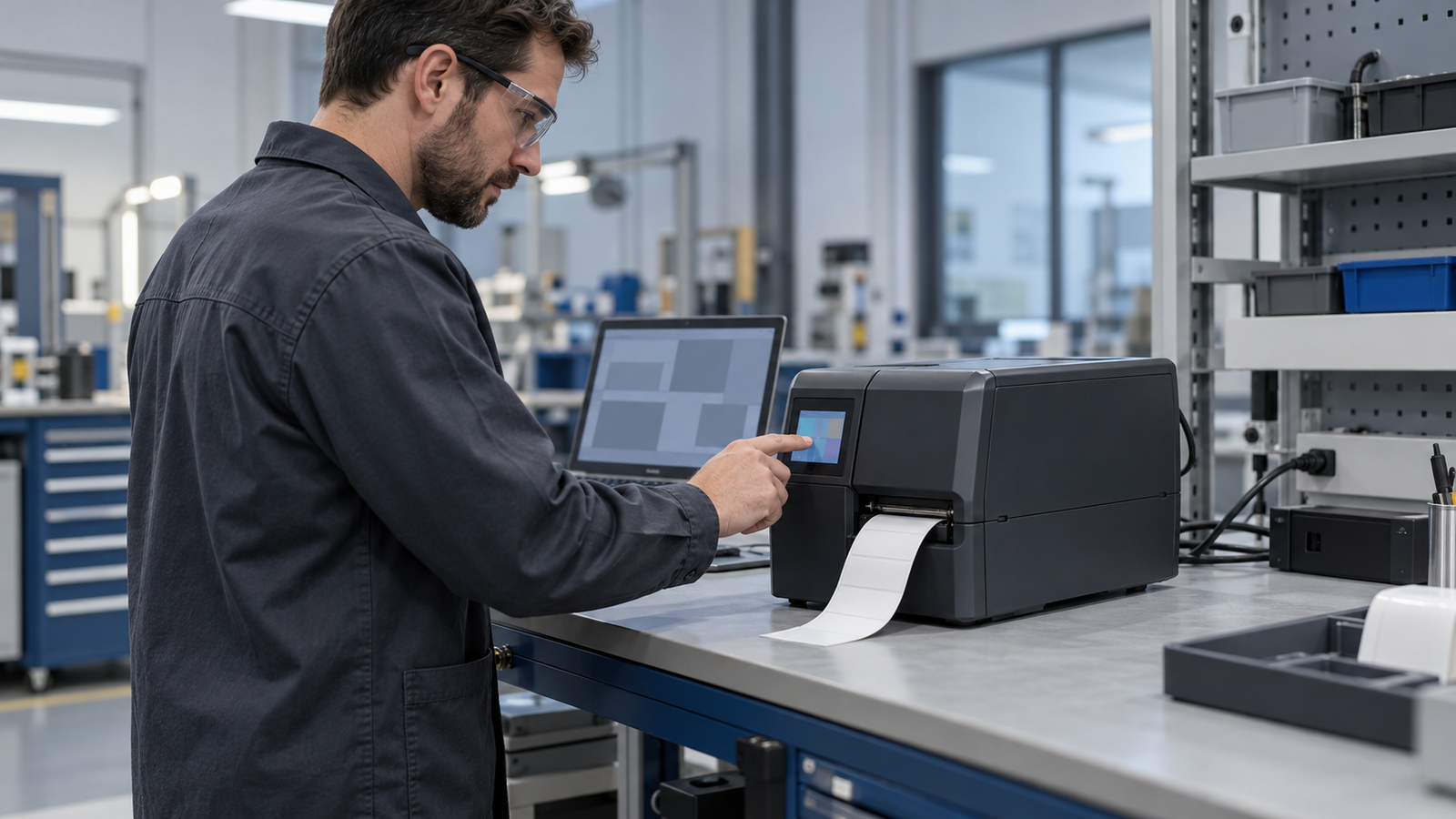 An engineer uses a compact printer display beside a laptop during a conceptual evaluation scene.